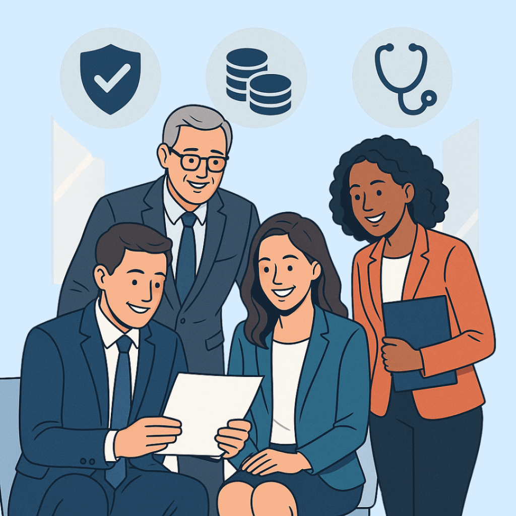 A diverse group of professionals smiling and reviewing documents, symbolizing employee benefits and workplace support