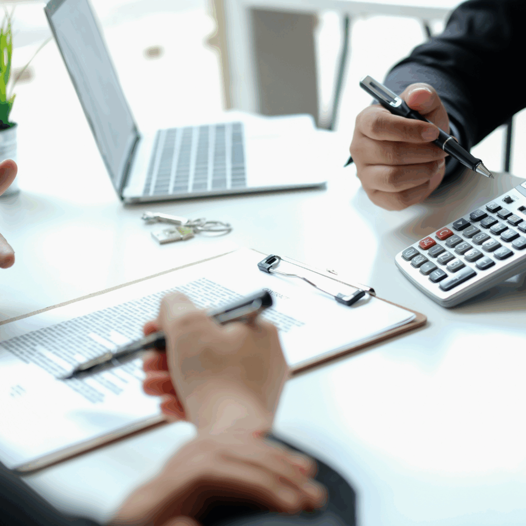 Two professionals discussing financial documents with a clipboard, calculator, and laptop on a desk.