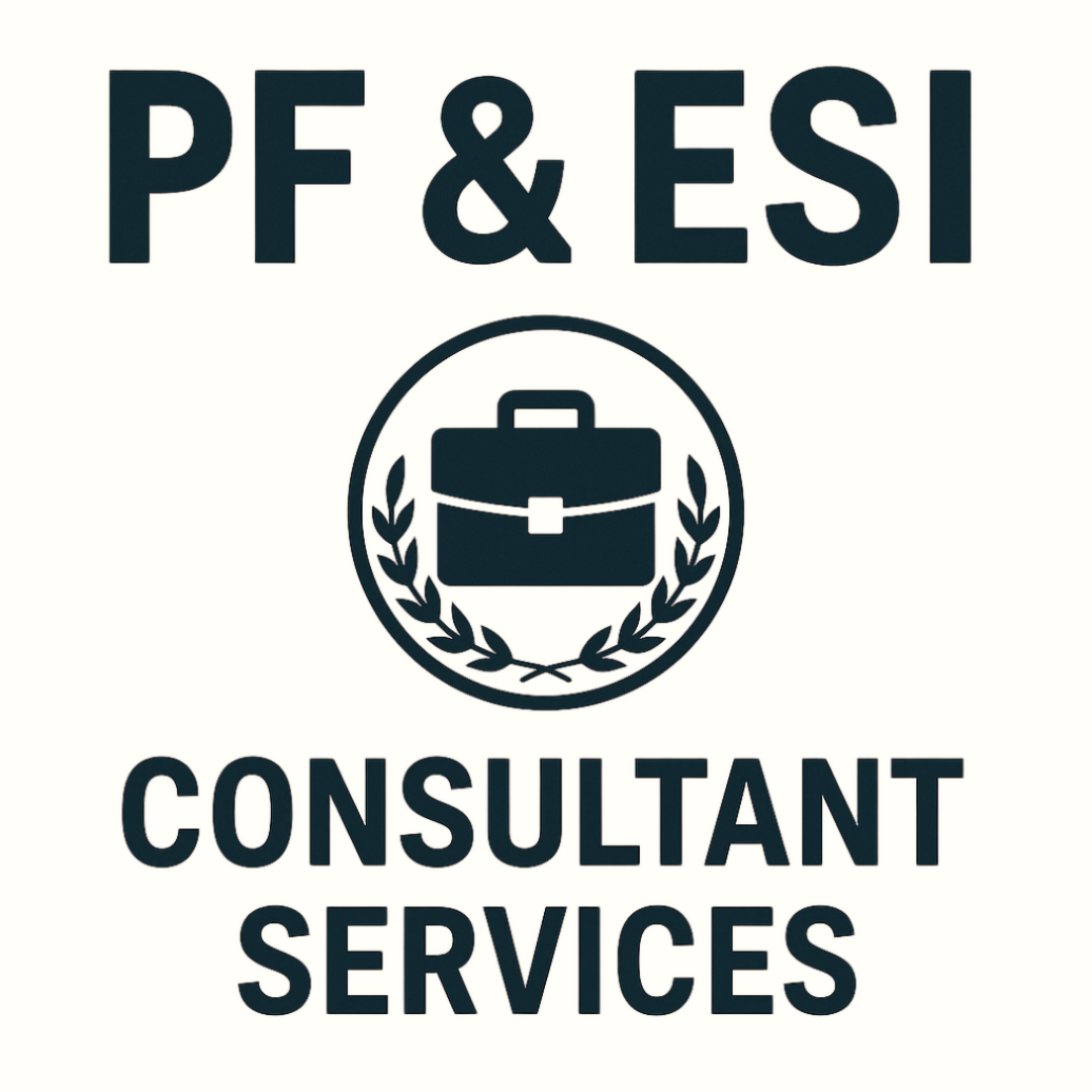 Professional graphic of PF & ESI Consultant Services with a briefcase and laurel logo
